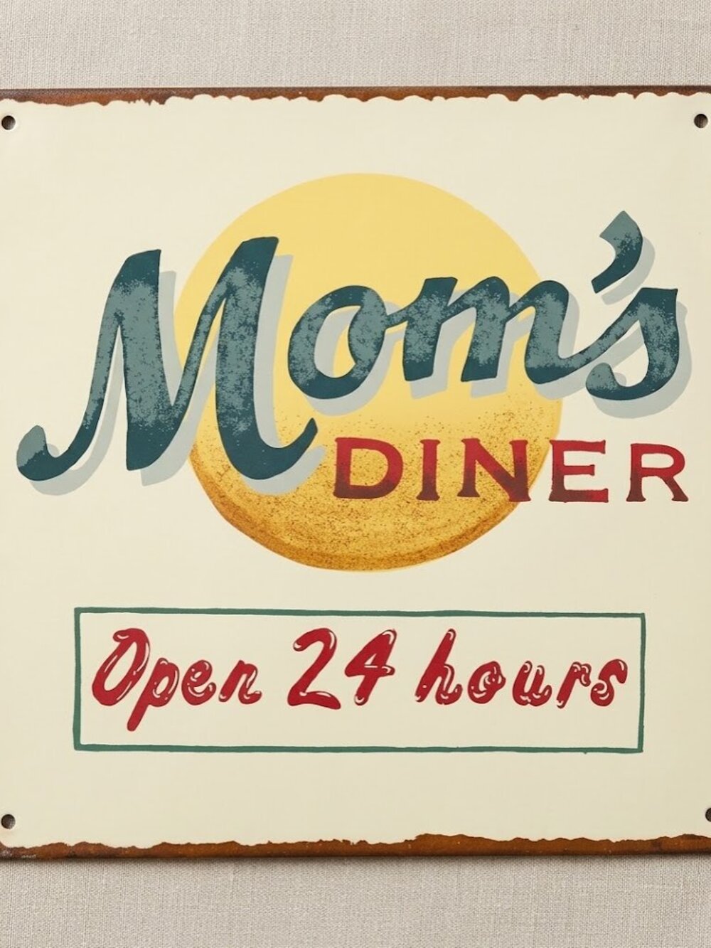 Vintage Mom's Diner Open 24 Hours Tin Metal Sign Wall Decor 5x5